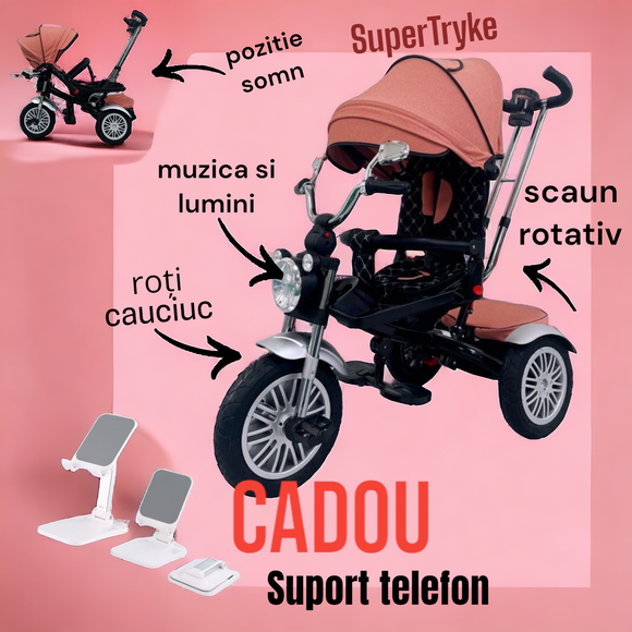 Tricicleta  evolutiva, roti cauciuc, cu pozitie de somn, scaun rotativ si muzica distractiva, culoare PIERSICA, BBD5199P