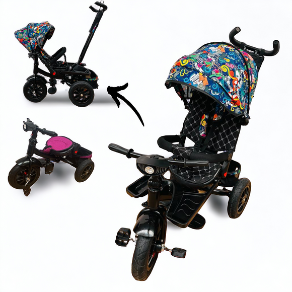 Tricicleta roti cauciuc plin, cu pozitie somn, scaun rotativ, muzica si lumini, culoare Multicolor , BBD5299MC