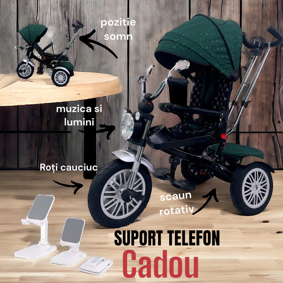 Tricicleta  evolutiva, roti cauciuc, cu pozitie de somn, scaun rotativ si muzica distractiva, culoare VERDE SMARALD, BBD5199VS