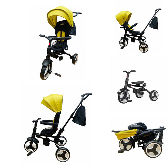 Tricicleta L-Sun ultrapliabila, cu pozitie somn, scaun rotativ,  galben 360TR