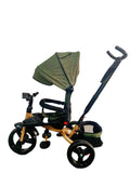 Tricicleta cu pozitie de somn, scaun rotativ si muzica distractiva, Verde Armi, Cadrul Auriu