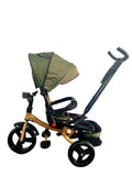Tricicleta cu pozitie de somn, scaun rotativ si muzica distractiva, Verde Armi, Cadrul Auriu
