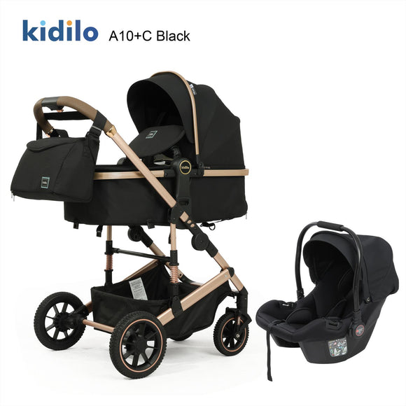 Carucior 3 in 1, Kidilo, cu suspensii, Geanta termica pentru accesorii si salteluta, Landou reversibil, Cadru aluminiu, BBDA10BLACK