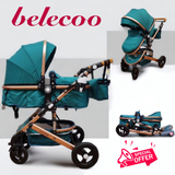 Carucior Belecoo , model 2 in 1 cu suspensii si roti cauciuc plin ,recomandat 0-36 luni, culoare TURCOAZ, BBDBLCT