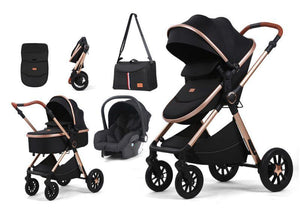 Carucior 3 in 1, BBD T5, Transformabil, Maner reversibil,  Cadrul aluminiu, Cu landou si salteluta moale, Include saculet de picioare, Geanta pentru parinti, Sustine 22 kg, Negru