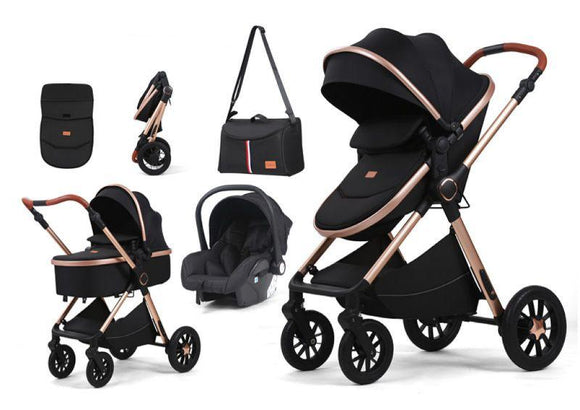 Carucior 3 in 1, BBD T5, Transformabil, Maner reversibil,  Cadrul aluminiu, Cu landou si salteluta moale, Include saculet de picioare, Geanta pentru parinti, Sustine 22 kg, Negru