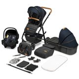 Carucior 3 in 1, Lionelo, Amber, Cadru aluminiu, Cu landou intarit si salteluta moale, Cu scoica auto testata ADAC, Reversibil, Cu accesorii, Geanta parinti, Pana la 22 kg, Albastru