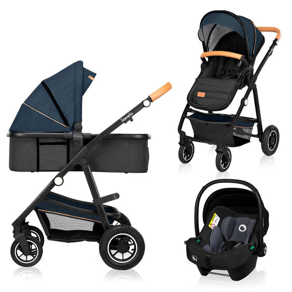 Carucior 3 in 1, Lionelo, Amber, Cadru aluminiu, Cu landou intarit si salteluta moale, Cu scoica auto testata ADAC, Reversibil, Cu accesorii, Geanta parinti, Pana la 22 kg, Albastru