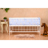 Patut din lemn bebe, Transformabil si pentru junior, 140x70 cm, Din lemn de pin si mdf, Stabil si rezistent, Inaltime saltea reglabila pe 3 nivele, Laterala cu 3 bete detasabile, EN716-1, EN716-2, Alb, Babyneeds, Nadia + Saltea 12 cm