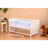 Patut din lemn bebe, Transformabil si pentru junior, 140x70 cm, Din lemn de pin si mdf, Stabil si rezistent, Inaltime saltea reglabila pe 3 nivele, Laterala cu 3 bete detasabile, EN716-1, EN716-2, Alb, Babyneeds, Nadia + Saltea 12 cm