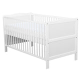 Patut din lemn bebe, Transformabil si pentru junior, 140x70 cm, Din lemn de pin si mdf, Stabil si rezistent, Inaltime saltea reglabila pe 3 nivele, Laterala cu 3 bete detasabile, EN716-1, EN716-2, Alb, Babyneeds, Nadia + Saltea 12 cm