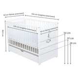Patut din lemn bebe, Transformabil si pentru junior, 120x60 cm, Cu sertar cu capac, Din lemn de pin si mdf, Stabil si rezistent, Inaltime reglabila pe 3 nivele, Laterala cu 3 bete detasabile EN716-1 EN716-2, Alb, Babyneeds, Nadia II, Girafa + Saltea 10 cm