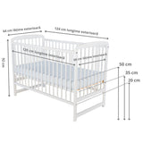 Patut din lemn bebe, 120x60 cm, Din lemn de pin, Stabil si rezistent, Inaltime saltea reglabila pe 3 nivele, Laterala cu 3 bete detasabile, EN716-1, EN716-2, Alb, Babyneeds, Ola