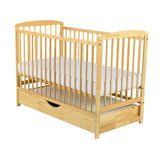 Patut din lemn bebe, 120x60 cm, Cu sertar cu capac, Din lemn de pin si mdf, Stabil si rezistent, Inaltime saltea reglabila pe 3 nivele, Laterala cu 3 bete detasabile, EN716-1, EN716-2, Natur, Babyneeds, Ola + Saltea 10 cm