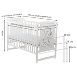 Patut din lemn bebe, 120x60 cm, Din lemn de pin si mdf, Stabil si rezistent, Inaltime saltea reglabila pe 3 nivele, Laterala cu 3 bete detasabile, EN716-1, EN716-2, Alb, Babyneeds, Timmi + Saltea 10 cm