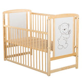 Patut din lemn bebe, 120x60 cm, Cu laterala culisanta, Din lemn de pin si mdf, Stabil si rezistent, Inaltime saltea reglabila pe 3 nivele, Laterala cu 3 bete detasabile, EN716-1, EN716-2, Natur, Babyneeds, Timmi + Saltea 10 cm