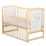 Patut din lemn bebe, 120x60 cm, Cu laterala culisanta, Din lemn de pin si mdf, Stabil si rezistent, Inaltime saltea reglabila pe 3 nivele, Laterala cu 3 bete detasabile, EN716-1, EN716-2, Natur, Babyneeds, Timmi + Saltea 10 cm