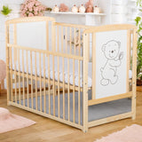Patut din lemn bebe, 120x60 cm, Cu laterala culisanta, Din lemn de pin si mdf, Stabil si rezistent, Inaltime saltea reglabila pe 3 nivele, Laterala cu 3 bete detasabile, EN716-1, EN716-2, Natur, Babyneeds, Timmi + Saltea 12 cm