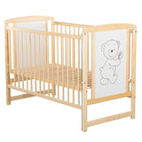 Patut din lemn bebe, 120x60 cm, Cu laterala culisanta, Din lemn de pin si mdf, Stabil si rezistent, Inaltime saltea reglabila pe 3 nivele, Laterala cu 3 bete detasabile, EN716-1, EN716-2, Natur, Babyneeds, Timmi + Saltea 12 cm