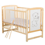 Patut din lemn bebe, 120x60 cm, Cu laterala culisanta, Din lemn de pin si mdf, Stabil si rezistent, Inaltime saltea reglabila pe 3 nivele, Laterala cu 3 bete detasabile, EN716-1, EN716-2, Natur, Babyneeds, Timmi + Saltea 12 cm