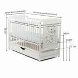 Patut din lemn bebe, 120x60 cm, Cu sertar cu capac, Din lemn de pin si mdf, Stabil si rezistent, Inaltime saltea reglabila pe 3 nivele, Laterala cu 3 bete detasabile, EN716-1, EN716-2, Alb, Babyneeds, Timmi