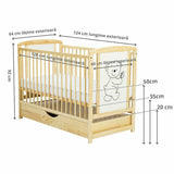 Patut din lemn bebe, 120x60 cm, Cu sertar cu capac, Din lemn de pin si mdf, Stabil si rezistent, Inaltime saltea reglabila pe 3 nivele, Laterala cu 3 bete detasabile, EN716-1, EN716-2, Natur, Babyneeds, Timmi + Saltea 12 cm