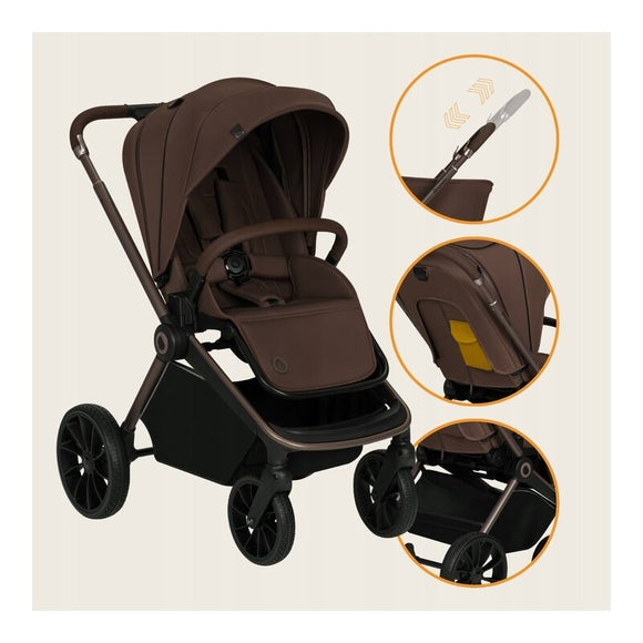 Carucior 2 in 1, Lionelo, Mika Plus, Cadru din aluminiu, Cu landou intarit si salteluta moale, Reversibil, Cu sistem de ventilatie 3D, Cu accesorii, Pana la 22 kg, Conform cu EN1888-1 EN1888-2, EN1466, Mocha Mousse