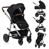 Carucior 3 in 1, Lionelo, Amber, Cadru aluminiu, Cu landou intarit si salteluta moale, Cu scoica auto testata ADAC, Reversibil, Cu accesorii, Geanta parinti, Pana la 22 kg, Negru silver