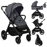 Carucior 3 in 1, Lionelo, Layla, Cadru din aluminiu, Cu landou intarit si salteluta din spuma AiryDots, Cu scoica auto testata ADAC, Reversibil, Cu sistem de ventilatie 3D, Cu accesorii, Pana la 22 kg, EN1888-1 EN1888-2 EN1466 ECE R129, Gri