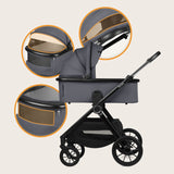 Carucior 3 in 1, Lionelo, Layla, Cadru din aluminiu, Cu landou intarit si salteluta din spuma AiryDots, Cu scoica auto testata ADAC, Reversibil, Cu sistem de ventilatie 3D, Cu accesorii, Pana la 22 kg, EN1888-1 EN1888-2 EN1466 ECE R129, Gri