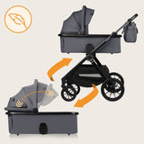 Carucior 3 in 1, Lionelo, Layla, Cadru din aluminiu, Cu landou intarit si salteluta din spuma AiryDots, Cu scoica auto testata ADAC, Reversibil, Cu sistem de ventilatie 3D, Cu accesorii, Pana la 22 kg, EN1888-1 EN1888-2 EN1466 ECE R129, Gri