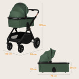 Carucior 3 in 1, Lionelo, Layla, Pana la 22 kg, Cadru aluminiu, Cu landou intarit si salteluta din spuma AirDots, Cu scoica auto testata ADAC, Reversibil, Cu ventilatie 3D, Cu accesorii, EN1888-1, EN1888-2, EN1466, Verde