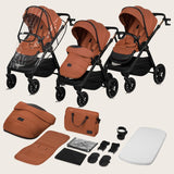 Carucior 3 in 1, Lionelo, Layla, Pana la 22 kg, Cadru aluminiu, Cu landou intarit si salteluta din spuma AirDots, Cu scoica auto testata ADAC, Reversibil, Cu ventilatie 3D, Cu accesorii, EN1888-1, EN1888-2, EN1466, Maro