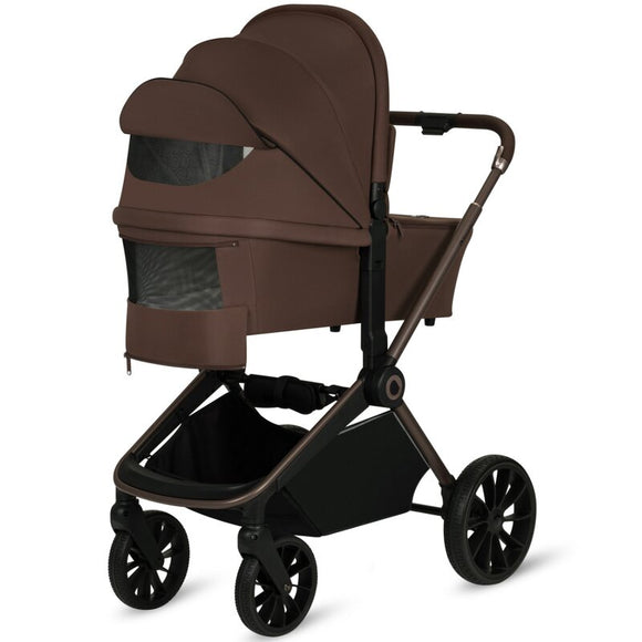 Carucior 3 in 1, Lionelo, Mika Plus, Cadru din aluminiu, Cu landou intarit si salteluta moale, Cu scoica auto testata ADAC, Reversibil, Cu sistem de ventilatie 3D, Cu accesorii, Pana la 22 kg, EN1888-1 EN1888-2 EN1466 ECE R129, Mocha Mousse
