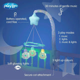 Carusel muzical, Playgro, Cu stelute si norisori, Pana la 30 de minute de muzica linistitoare, Cu 3 moduri de functionare: lumina si muzica, doar lumina sau doar muzica, Astasabil la patut, Fara BPA, Dreamtime Soothing Light Up Mobile