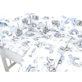 Lenjerie patut 3 piese, Qmini, Pentru patut 120x60 cm, Cu protectie laterala, Din bumbac certificat Oeko Tex Standard 100, Elephants on Rainbow Blue