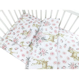 Lenjerie patut cu 5 piese, MimiNu, Cu cearceaf 120x60 cm, Pilota, Pernuta, 2 aparatori, Din bumbac certificat Oeko Tex Standard 100, Sweet Deer Pink