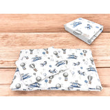 Lenjerie patut cu 3 piese, MimiNu, Cu cearceaf 120x60 cm, Pilota, Pernuta, Din bumbac certificat Oeko Tex Standard 100, Blue Plane