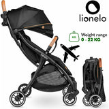 Carucior sport, Lionelo, Julie One, De la nastere, Greutate redusa, Cu accesorii, Cadru din aluminiu, 0-22 kg, Pliere compacta pentru avion, Conform cu standardele europene de securitate EN1888-1 si EN1888-2, Negru/Auriu