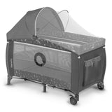 Patut pliant, Lionelo, Sven Plus, 120x60 cm, Cu doua nivele, Cu arcada jucarii, masuta de infasat, vibratii, melodii, conform cu standardele europeane de securitate EN716 si EN12221, Grey
