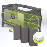 Patut pliant, Lionelo, Sven Plus, 120x60 cm, Cu doua nivele, Cu arcada jucarii, masuta de infasat, vibratii, melodii, conform cu standardele europeane de securitate EN716 si EN12221, Grey