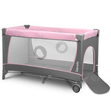 Patut pliant, Lionelo, Flower, Cu doua nivele, Cu arcada, Geanta transport, Masuta de infasat, Bara cu jucarii, Fereastra laterala, 120x60 cm, Conform cu standardele europeane de securitate EN 716 si EN12221, Roz