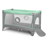 Patut pliant, Lionelo, Flower, Cu doua nivele, Cu arcada, Geanta transport, Masuta de infasat, Bara cu jucarii, Fereastra laterala, 120x60 cm, Conform cu standardele europeane de securitate EN 716 si EN12221, Turcoaz