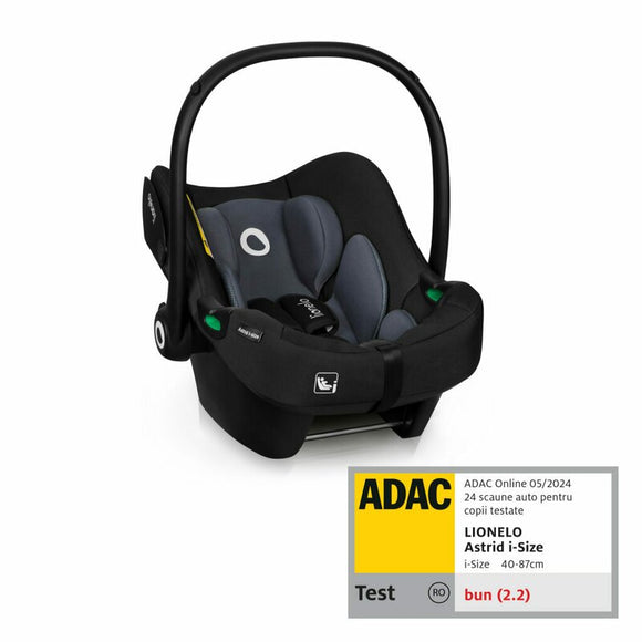 Scoica auto, Lionelo, i-Size Astrid, 0-13 Kg, 40-87 cm, Cu maner si capotina reglabile, Cu protectie laterala avansata, Salteluta confortabila, Testat ADAC, Conform cu standardul european de securitate R129, Negru/Gri