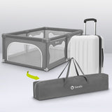 Tarc de joaca copii, Lionelo, Willow, 127 x 187 cm, Pliere compacta, Include geanta de transport, Din plasa, Cu doua intrari laterale si fermoar, Cu ventuze pentru stabilitate, Conform cu EN 12227:2010, Gri