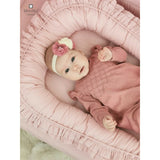 Set 4 in 1 Cosulet bebelus, MimiNu, Baby Cocoon 75x55 cm, Cu volanase, Husa bumbac, Din bumbac certificat Oeko Tex Standard 100, Cu paturica cu volanase 50x70 cm, Cu salteluta, Cu perna fluture, Colectia Royal, Powder Pink