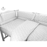 Lenjerie patut cu 5 piese, MimiNu, Pentru patut 120x60 cm, Cu pilota si perna, Din bumbac certificat Oeko Tex Standard 100, Mini Gray Stars