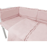 Lenjerie patut cu 6 piese, MimiNu, Pentru patut 120x60 cm, Cu volanase, Cu pilota si perna, Cu doua aparatori laterale, Din bumbac certificat Oeko Tex Standard 100, Colectia Royal, Powder Pink