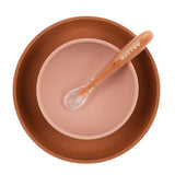 Set de masa, Nattou, Include baveta reglabila cu buzunar de colectare, bol, farfurie si lingurita, Silicon moale, Fara BPA, 4-36 luni+, Portocaliu