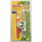 Lingura, Nuby, 360 grade, Pentru bebelusi, Din silicon, Cu maner arcuit, Cu carcasa de depozitare, 3+ luni, Galben/Verde